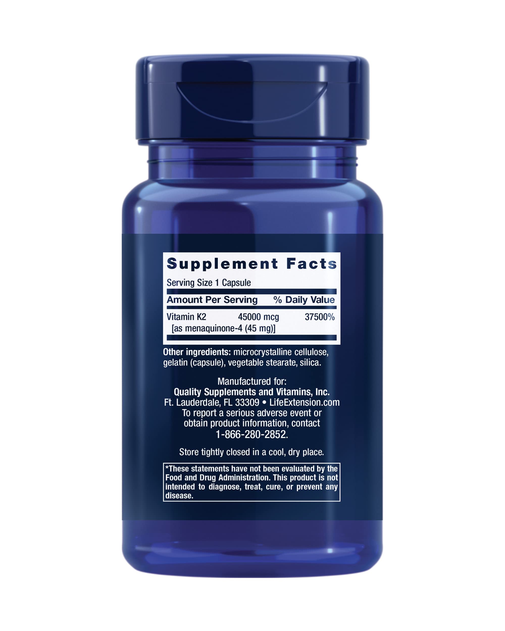 Life Extension Mega Vitamine K2, emballage et étiquette détaillant le dosage étudié.