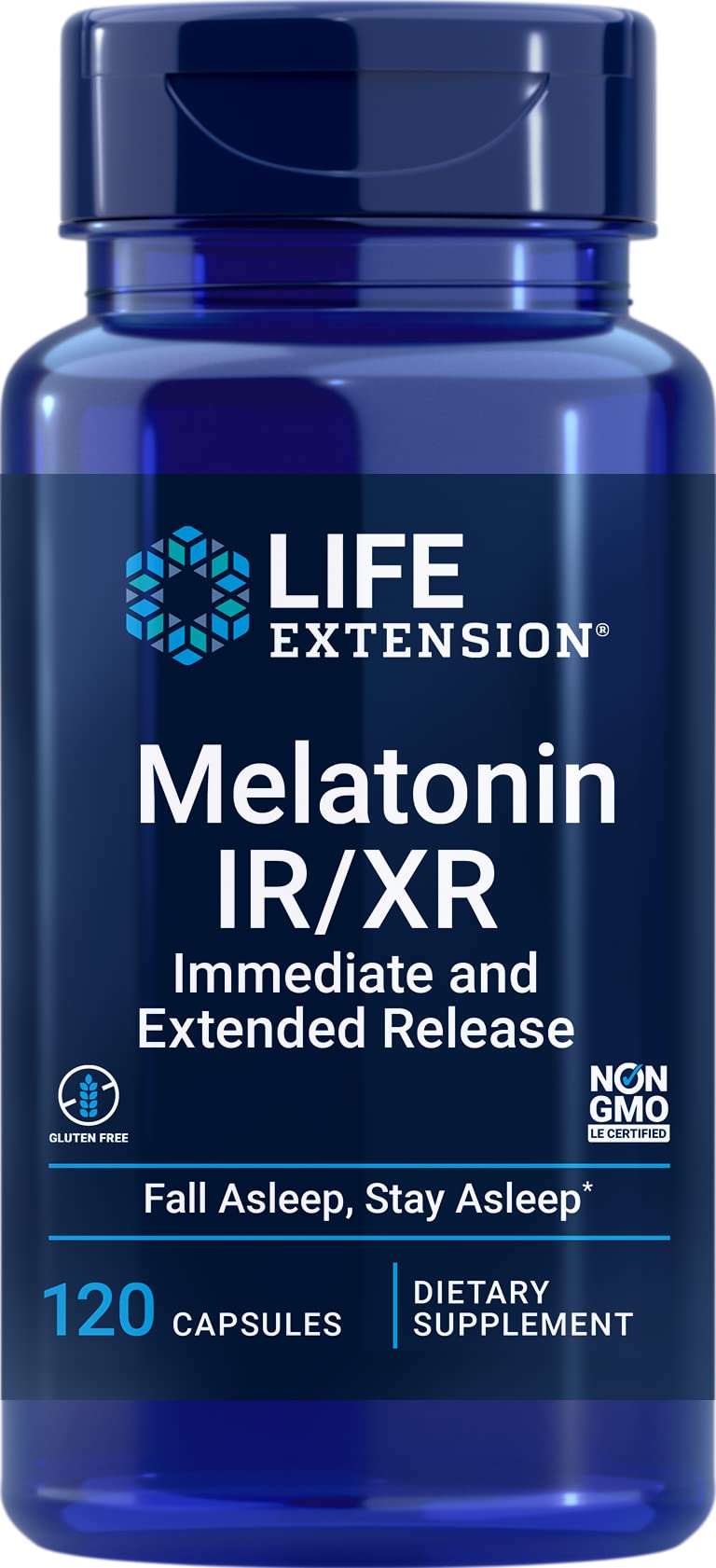 Life Extension Melatonin IR/XR: bouteille ouverte montrant des capsules pour sommeil réparateur