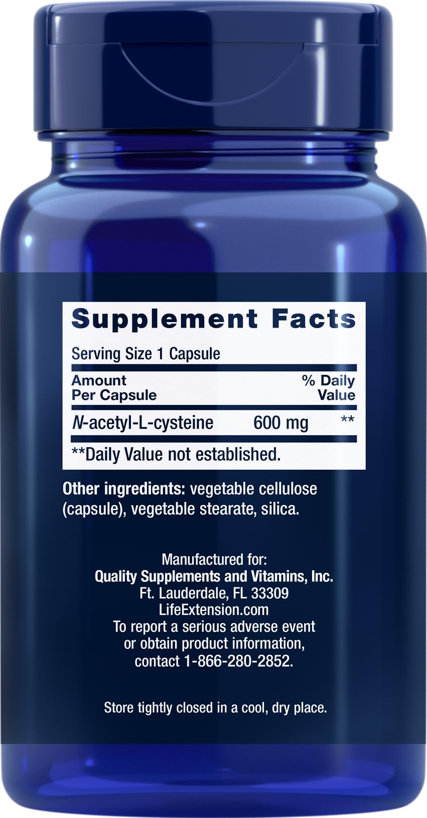 Life Extension NAC 600 mg – etiquette, mise en avant de l’apport antioxydant et du soutien immunitaire.
