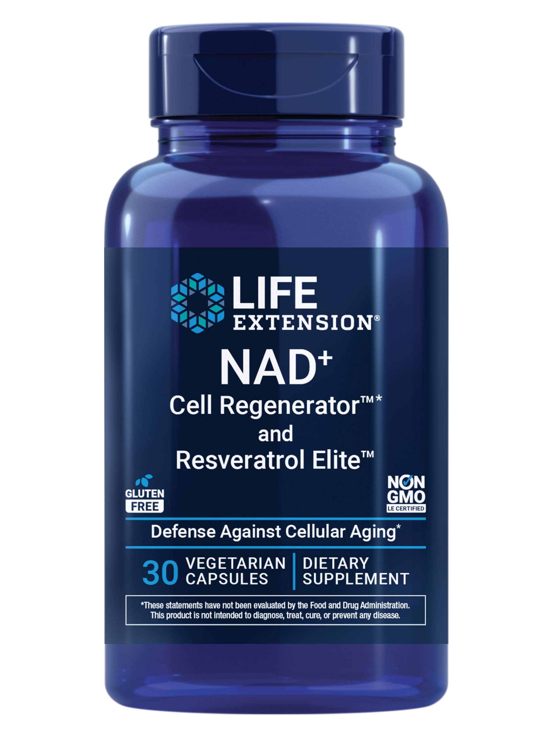 Life Extension NAD+ Cell Regenerator et Resveratrol Elite sur une bouteille, peut soutenir énergie et bien-être général.