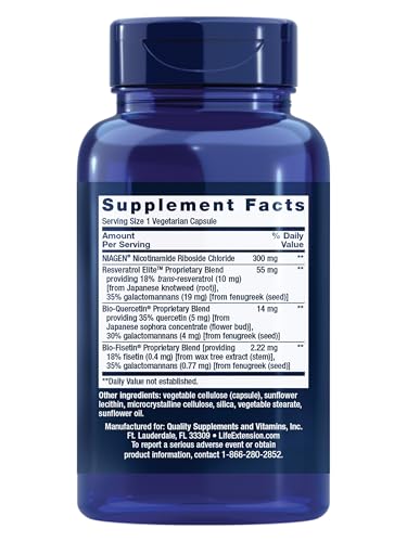 Label Life Extension NAD+ Cell Regenerator et Resveratrol Elite, aperçu des ingrédients clés.