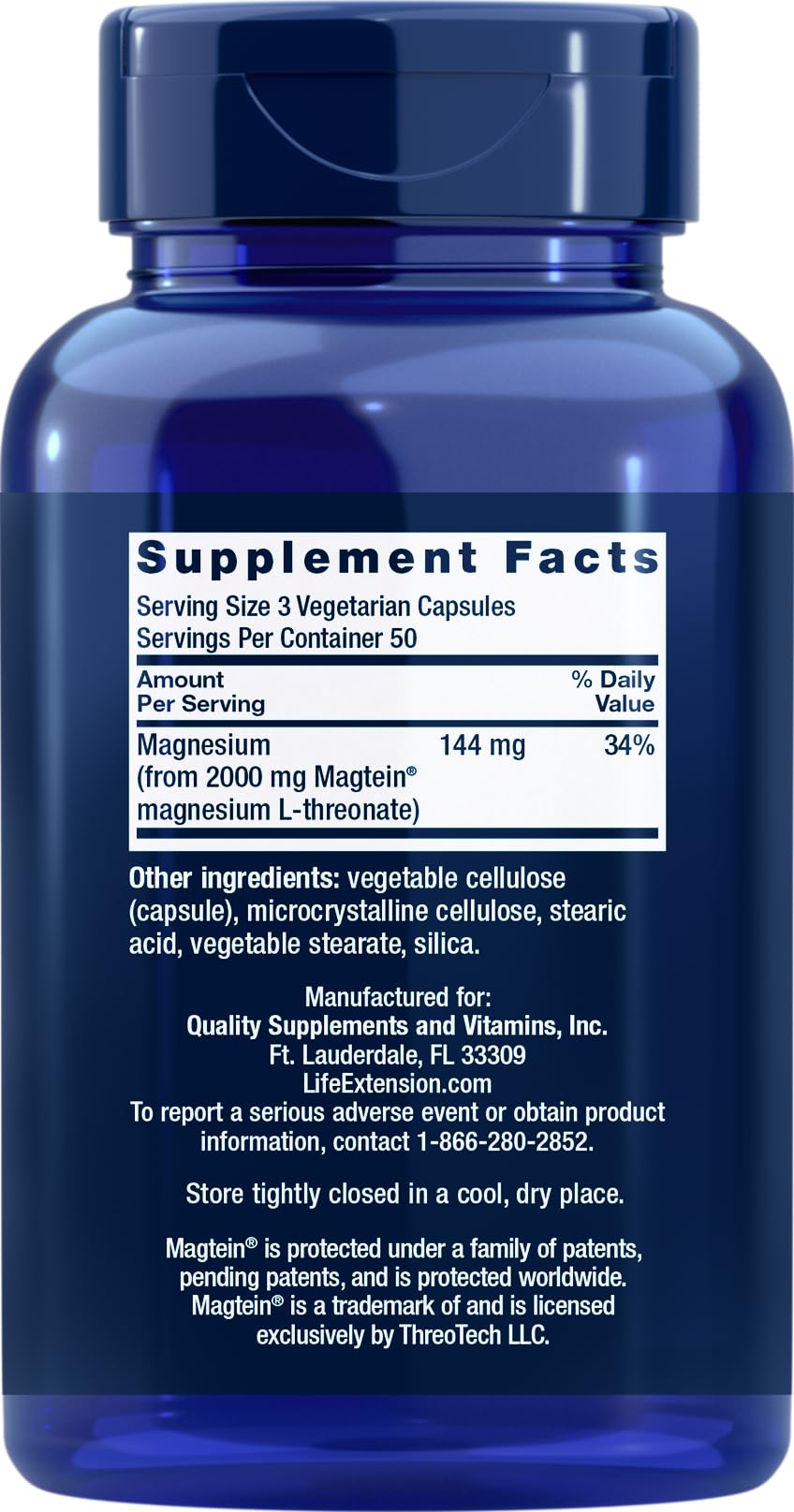 Life Extension Neuro-Mag bouteille en gros plan, capsules Magtein favorisant l'absorption potentielle