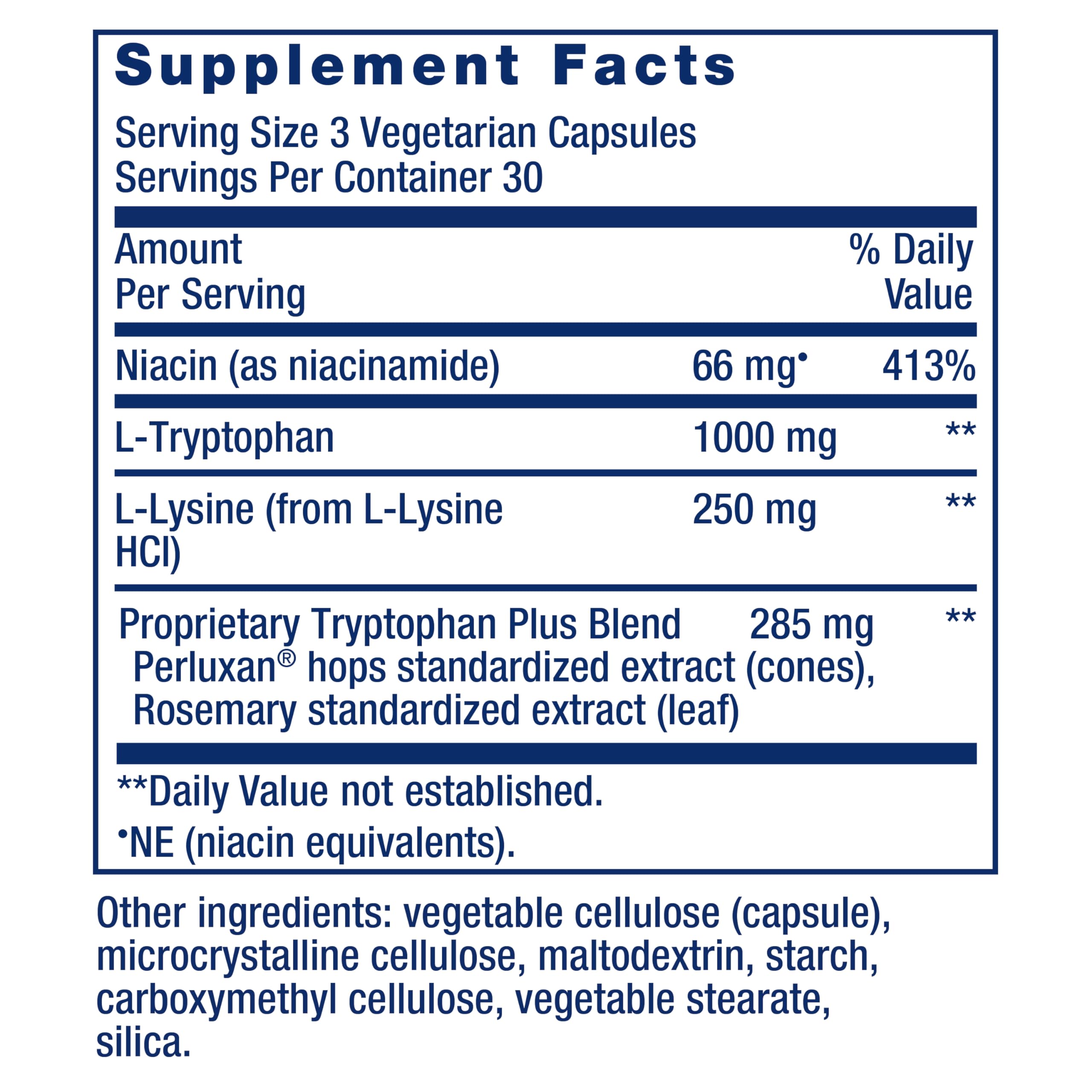 Life Extension Tryptophane Optimisé Plus – Etiquette sans gluten: adaptée aux régimes sans gluten et pureté.