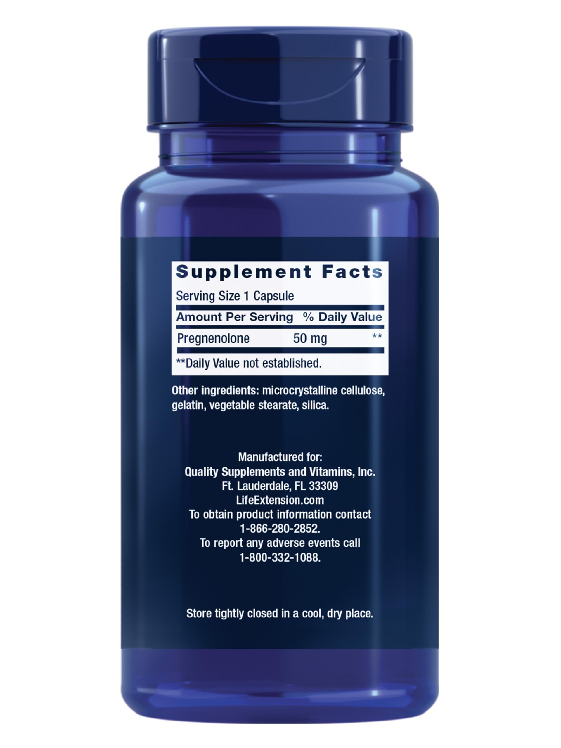 Life Extension Pregnenolone — Étiquette produit — ingrédients de qualité, sans gluten et sans OGM.