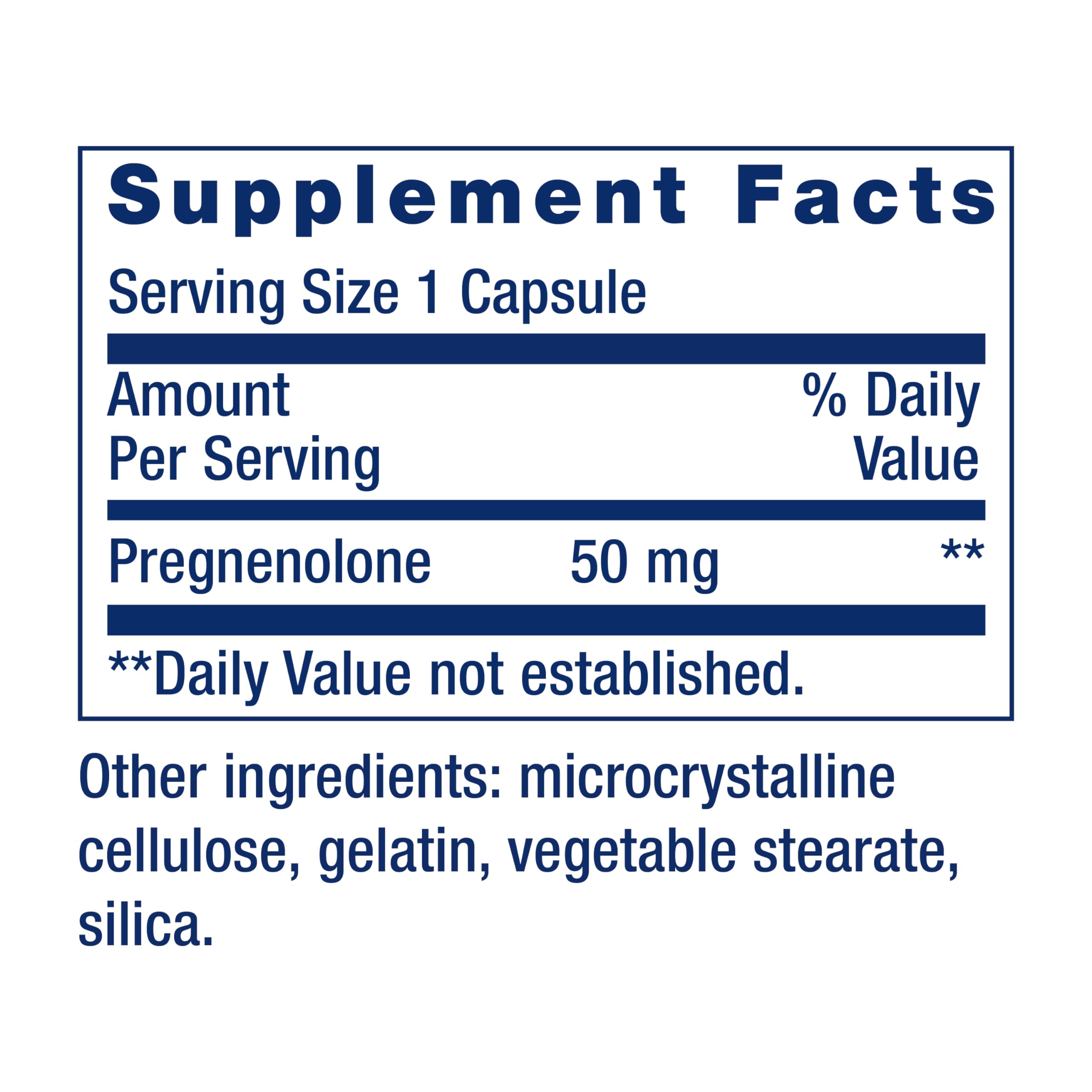 Life Extension Pregnenolone — Tablettes fermées – dose de 50 mg par capsule.