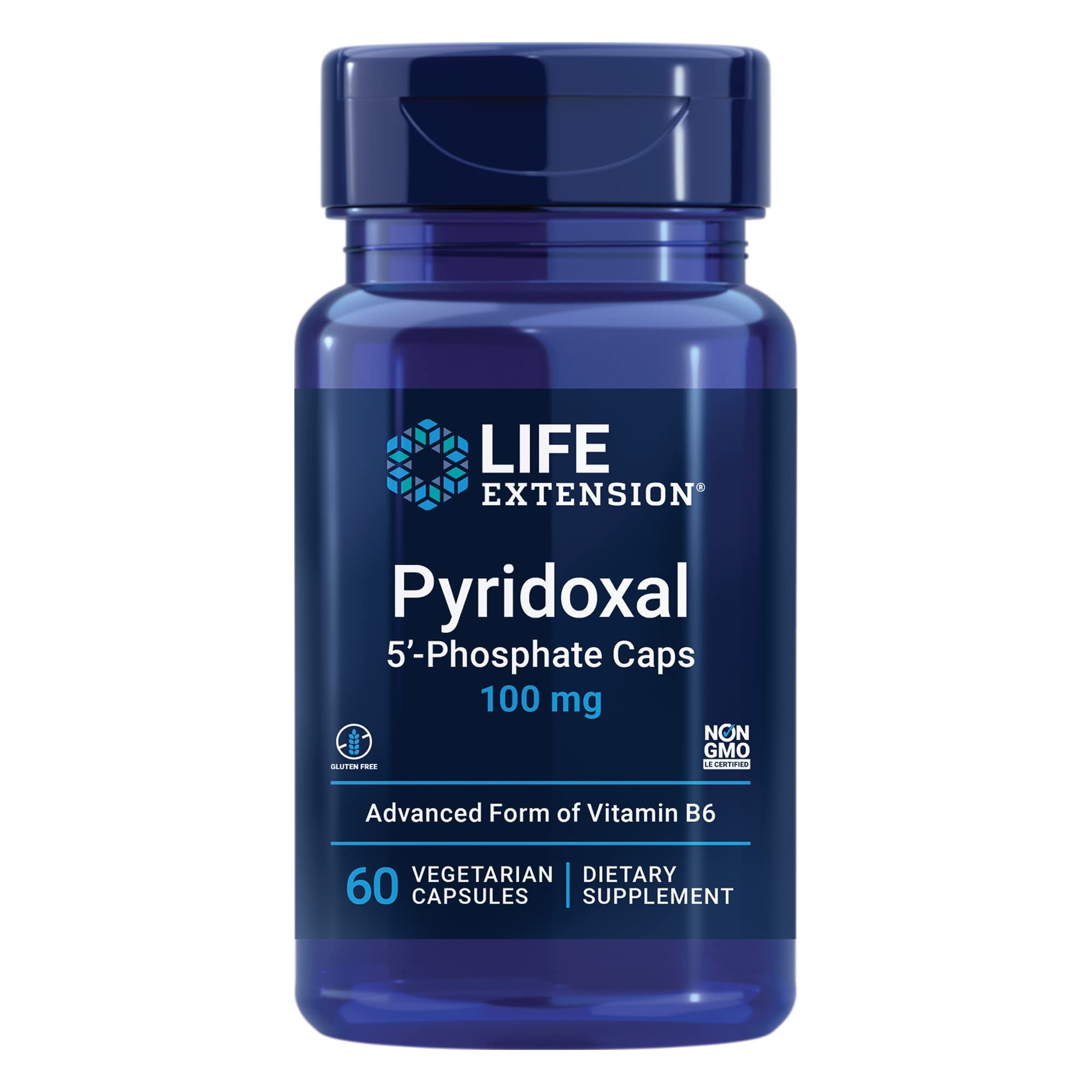 Life Extension Pyridoxal 5'-Phosphate Caps packshot, soutien bioactif B6 pour nerfs et cœur.