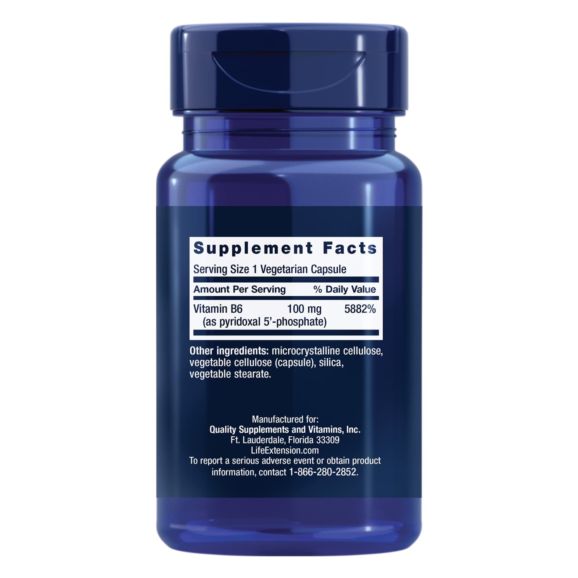 Life Extension Pyridoxal 5'-Phosphate Caps, dose 100 mg, forme active pour biodisponibilité.