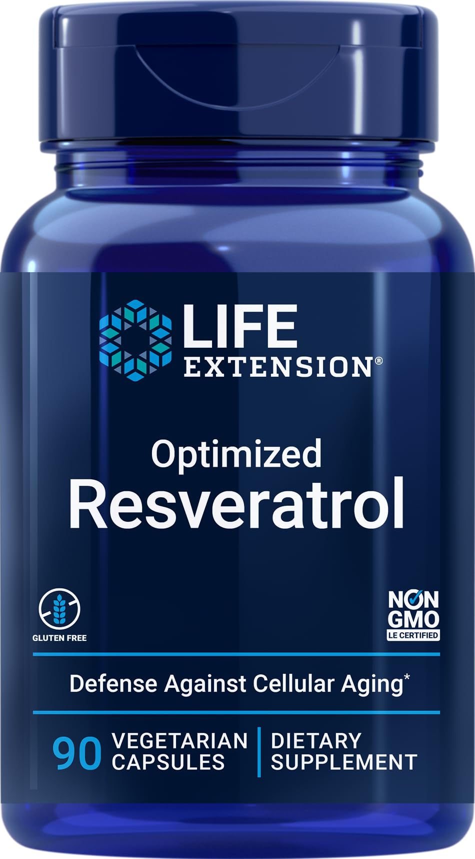 Life Extension Resveratrol: bouteille montrant la formule optimisée et ses bénéfices potentiels.