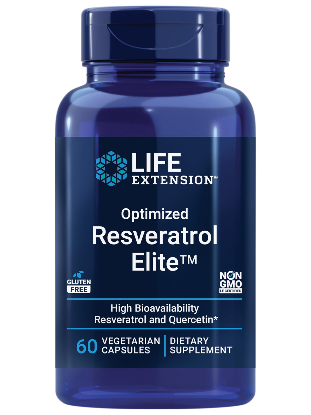 Life Extension Optimized Resveratrol Elite – capsule dans la bouteille, soutien potentiel à la santé cérébrale.