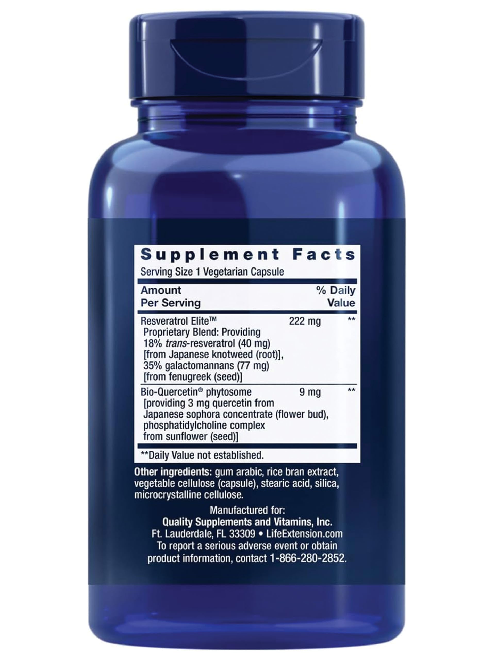 Life Extension Optimized Resveratrol Elite – étiquette lisible et fiche COA pour assurance qualité.