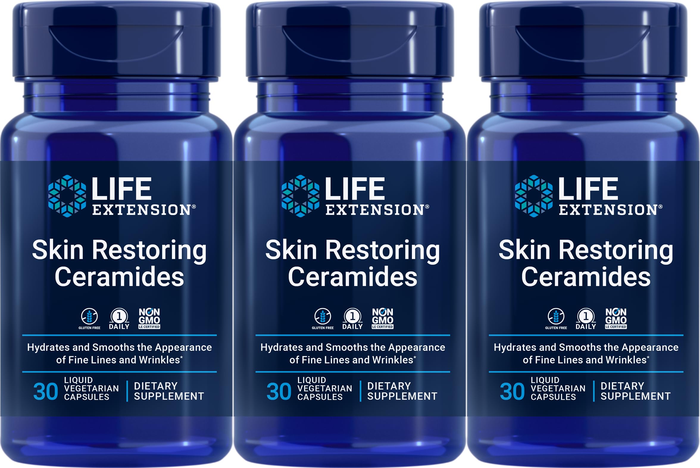 Life Extension Skin Restoring Ceramides — bouteilles pack 3, hydratation possible et soutien quotidien.