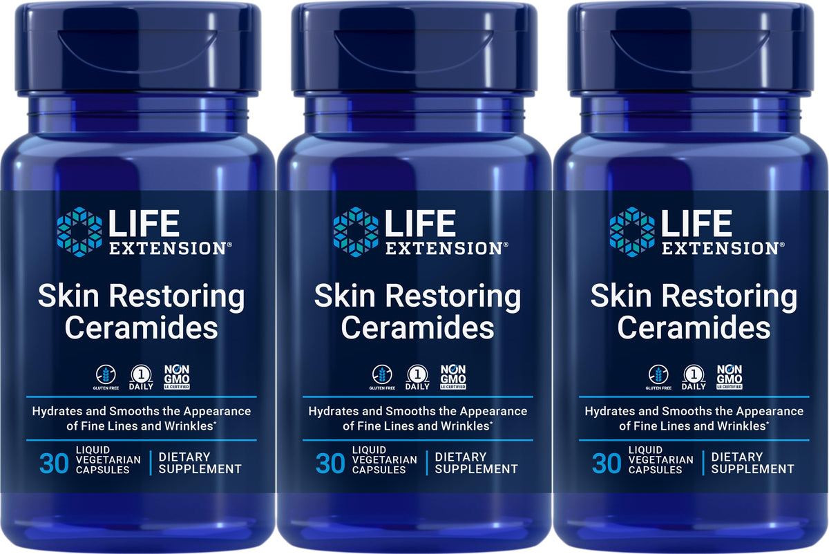 Life Extension Skin Restoring Ceramides — bouteilles pack 3, hydratation possible et soutien quotidien.