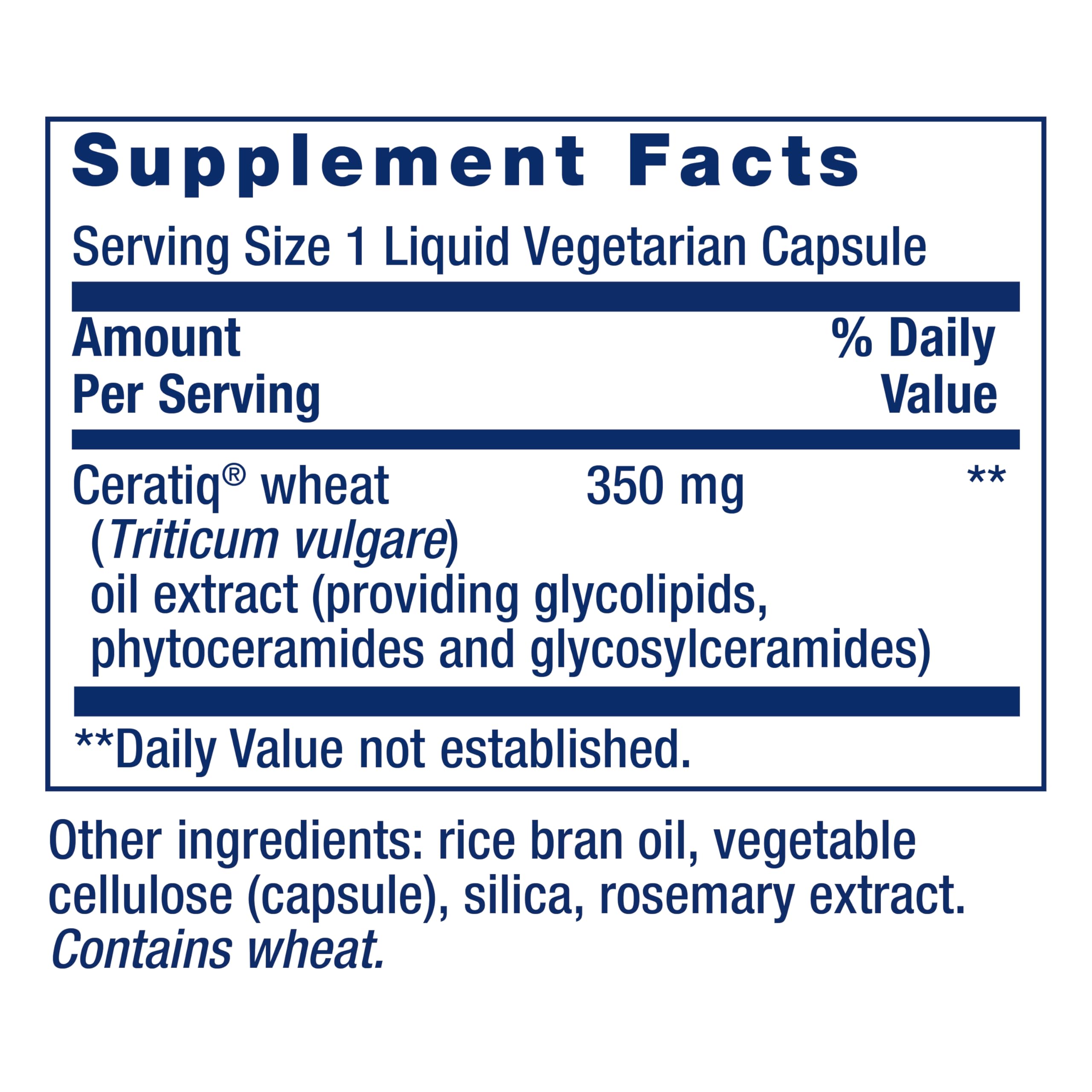 Life Extension Skin Restoring Ceramides – étiquette indiquant sans gluten et sans OGM.