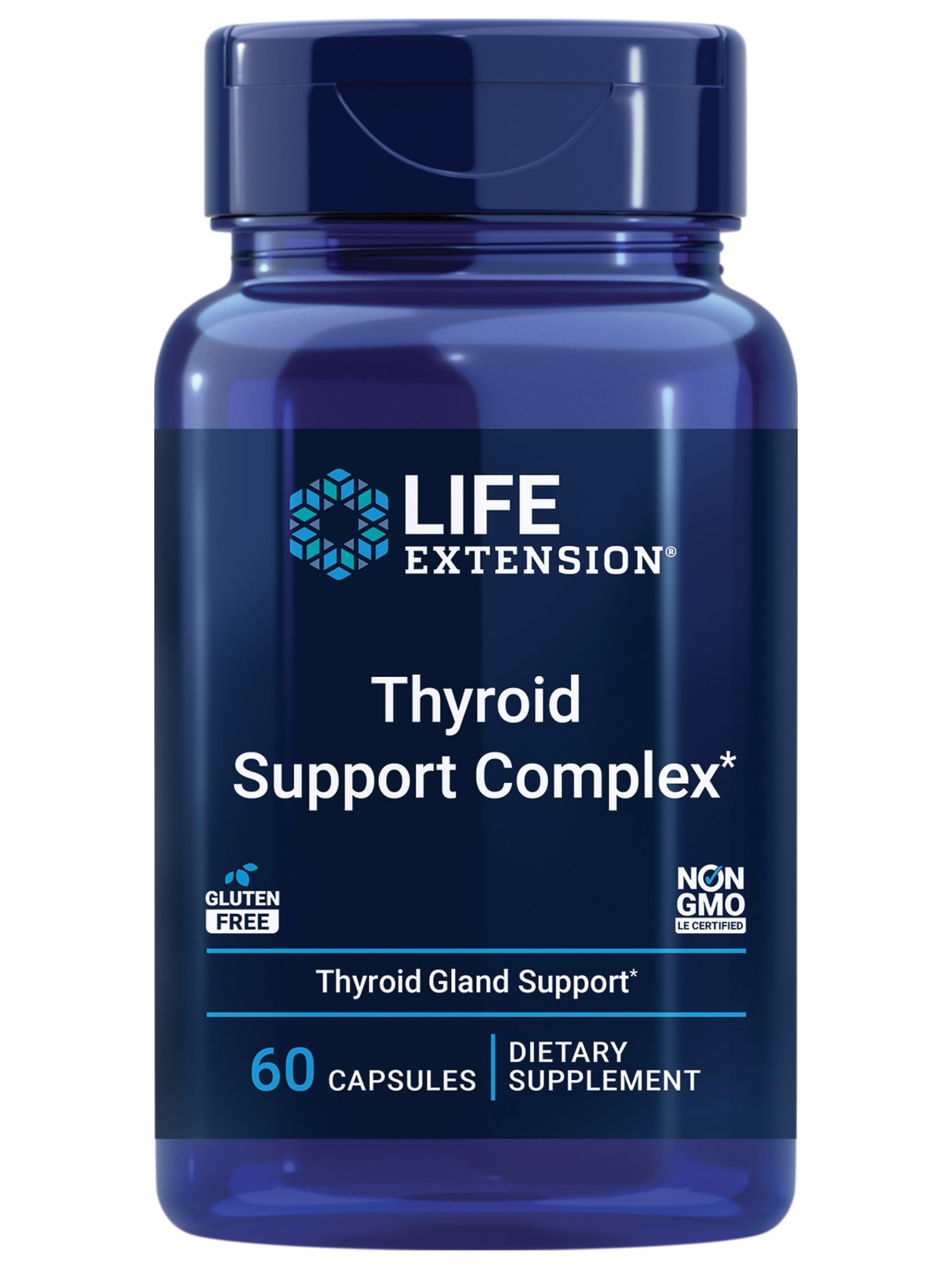 Life Extension soutiens thyroide complexe bouteille ouverte avec capsules faciles à avaler