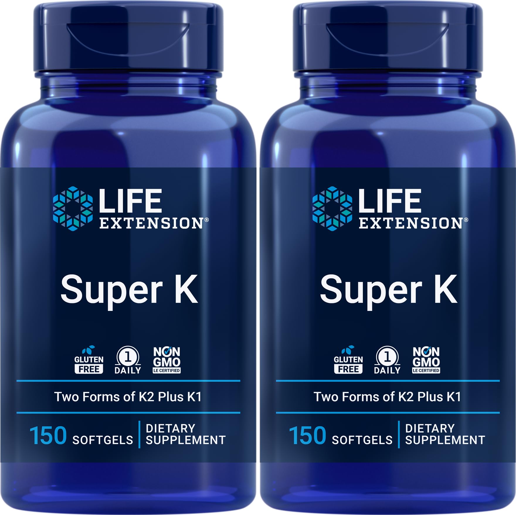 Life Extension Super K: bouteille de capsules molles visibles, soutien quotidien des vitamines K et K2.