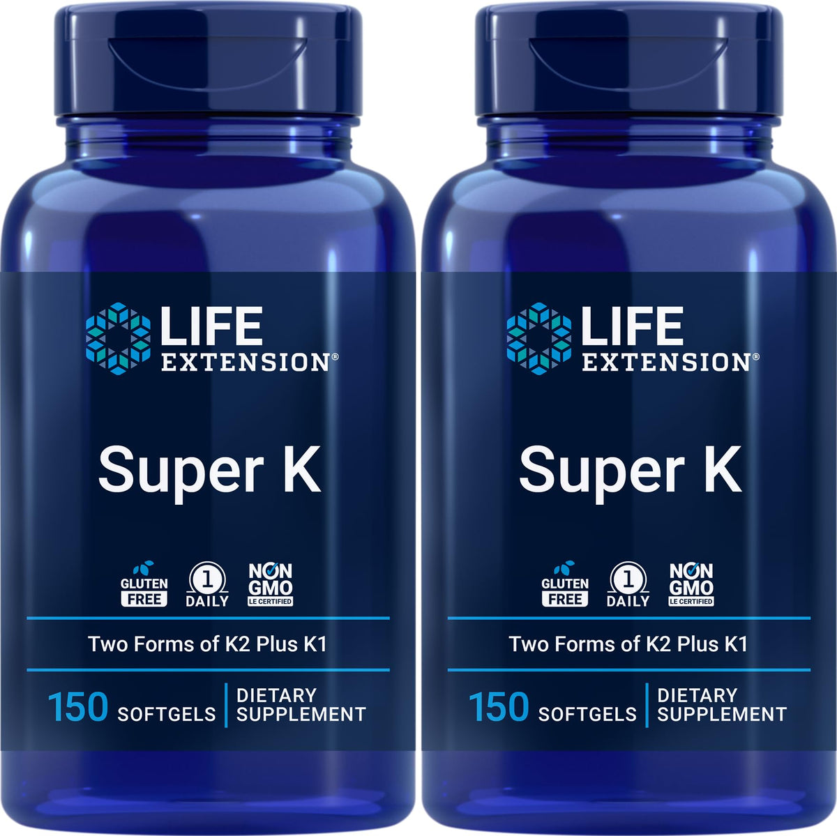 Life Extension Super K: bouteille de capsules molles visibles, soutien quotidien des vitamines K et K2.