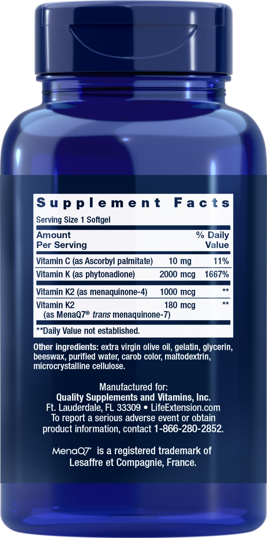 Life Extension Super K: compositions en vitamine K1, MK-4 et MK-7 pour couverture nutritionnelle.