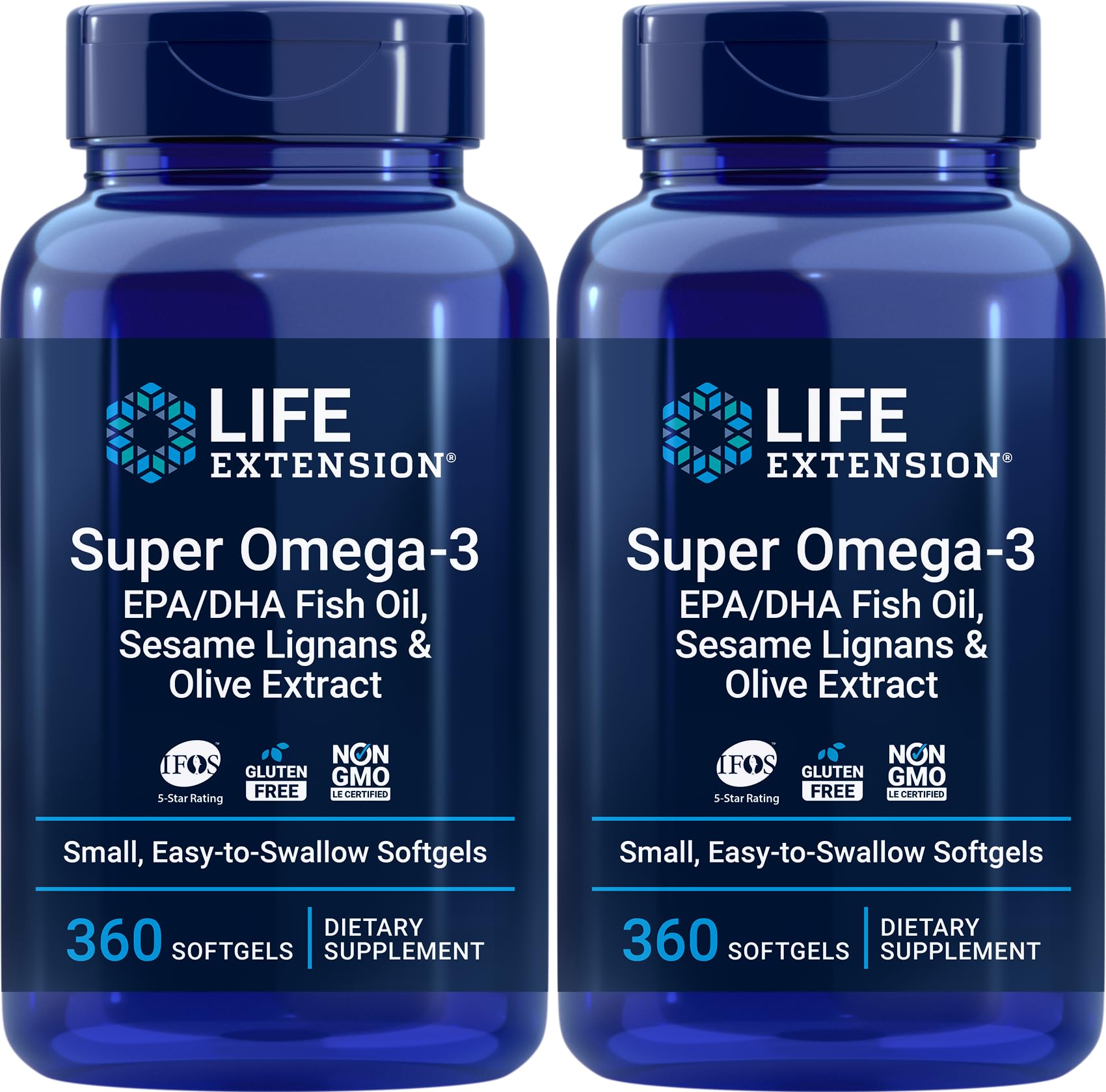 Life Extension Super Omega-3 360: bouteille de gélules faciles à avaler pour un apport d'oméga-3.