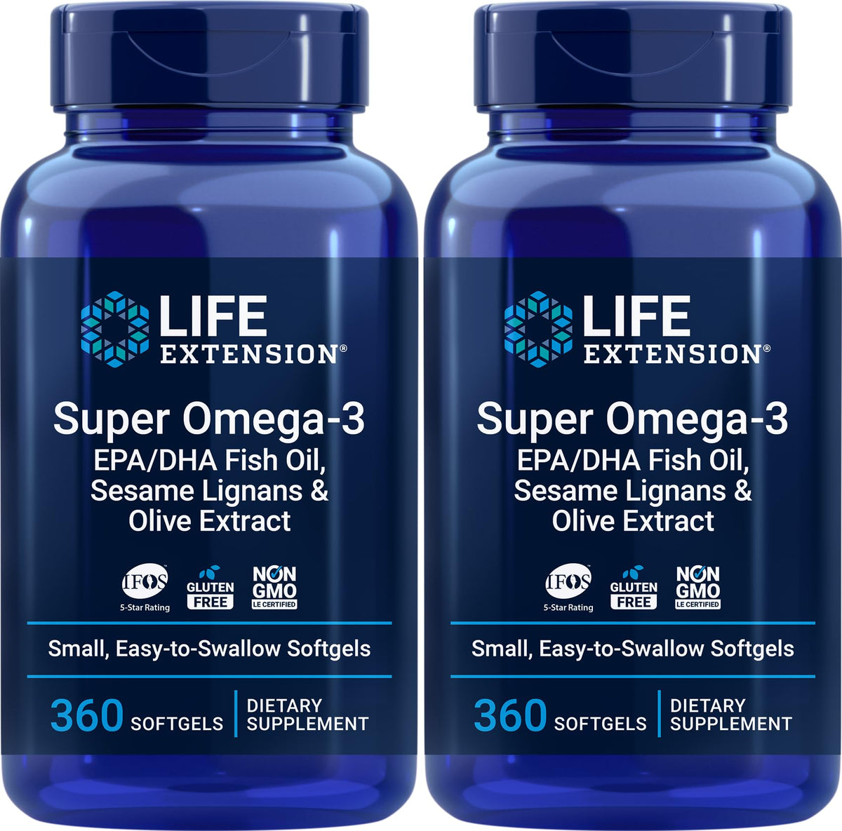 Life Extension Super Omega-3 360: bouteille de gélules faciles à avaler pour un apport d'oméga-3.