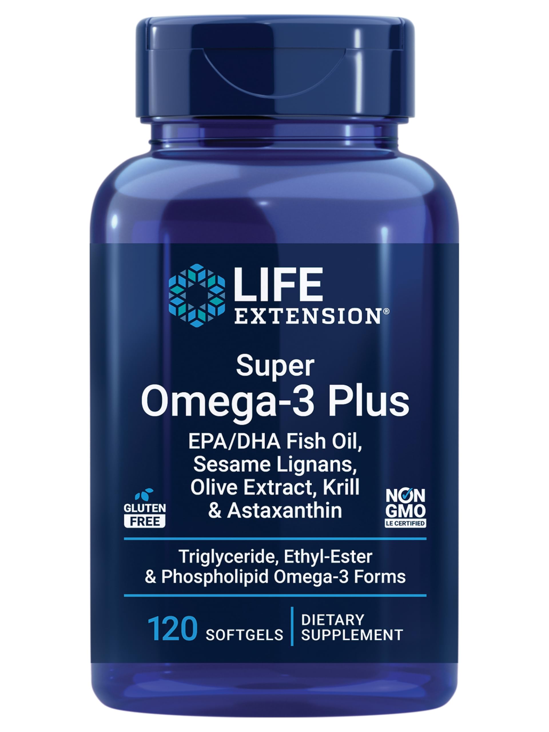 Life Extension Super Omega-3 Plus – bouteille visible, soutien potentiel pour le cœur et le cerveau.