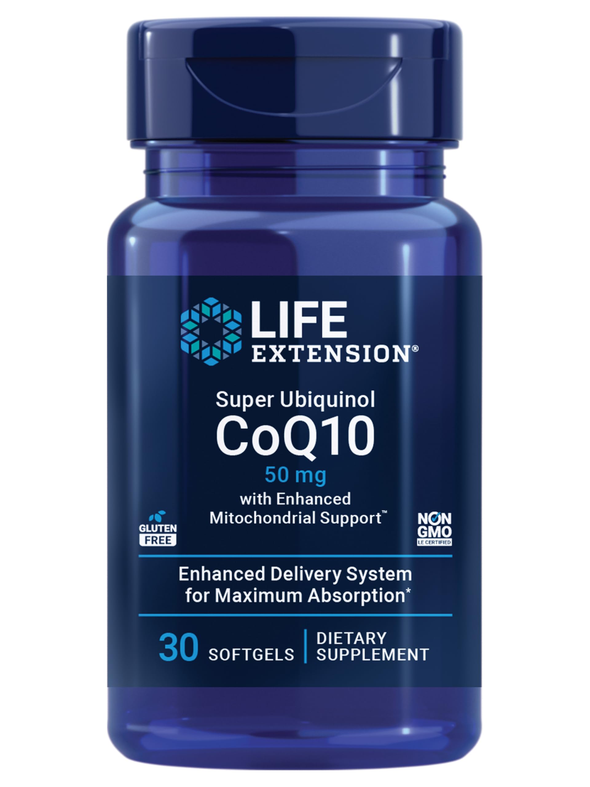 Life Extension Super Ubiquinol CoQ10 – bouteille visible montrant l'emballage et le logo