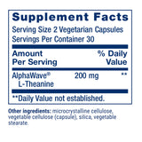 Étiquette Life Extension L-Theanine affichant sans gluten et sans OGM.