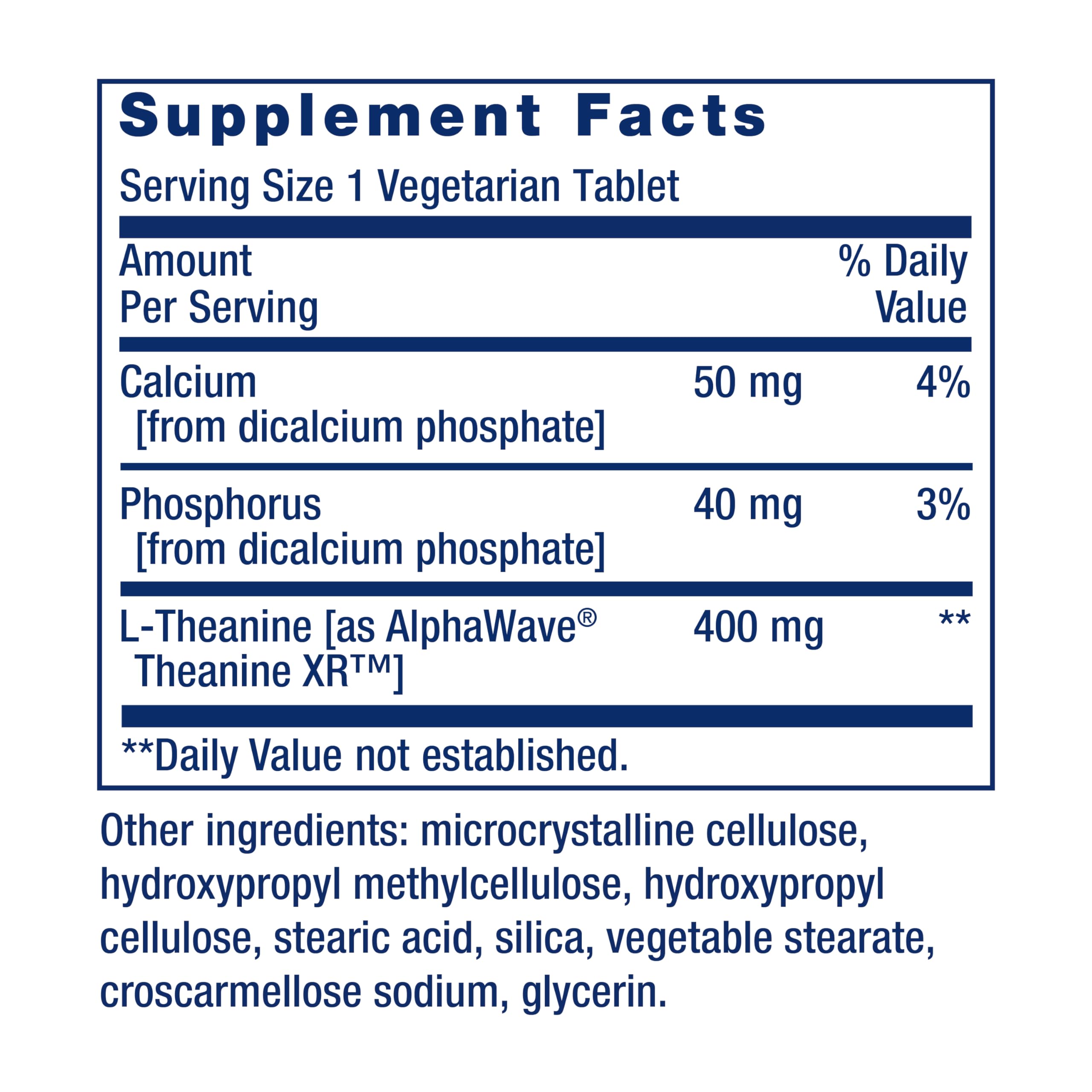 Life Extension Theanine XR – emballage: étiquette claire et ingrédients de qualité.