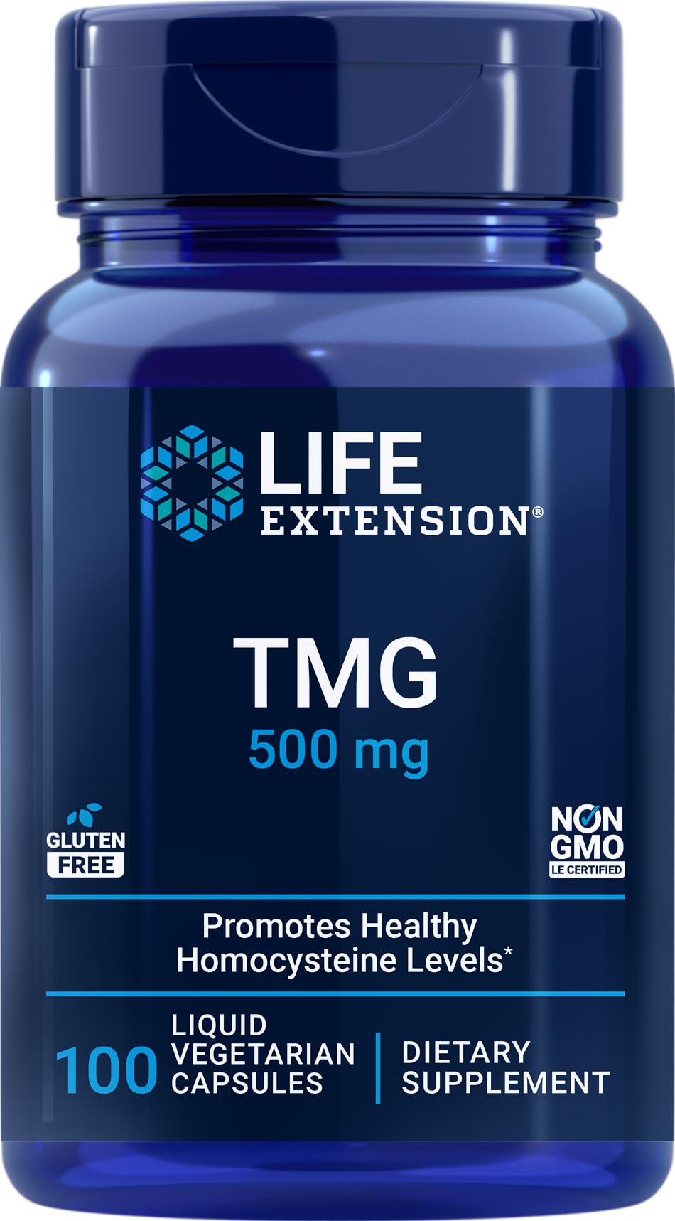 Life Extension TMG 500 mg – emballage clair et fiable, visuel reflétant la traçabilité.