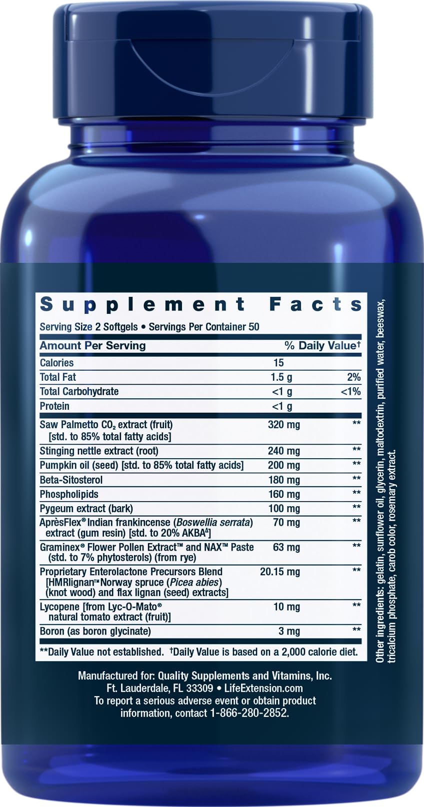 Life Extension Ultra Prostate Formula, étiquette claire et informations utiles.