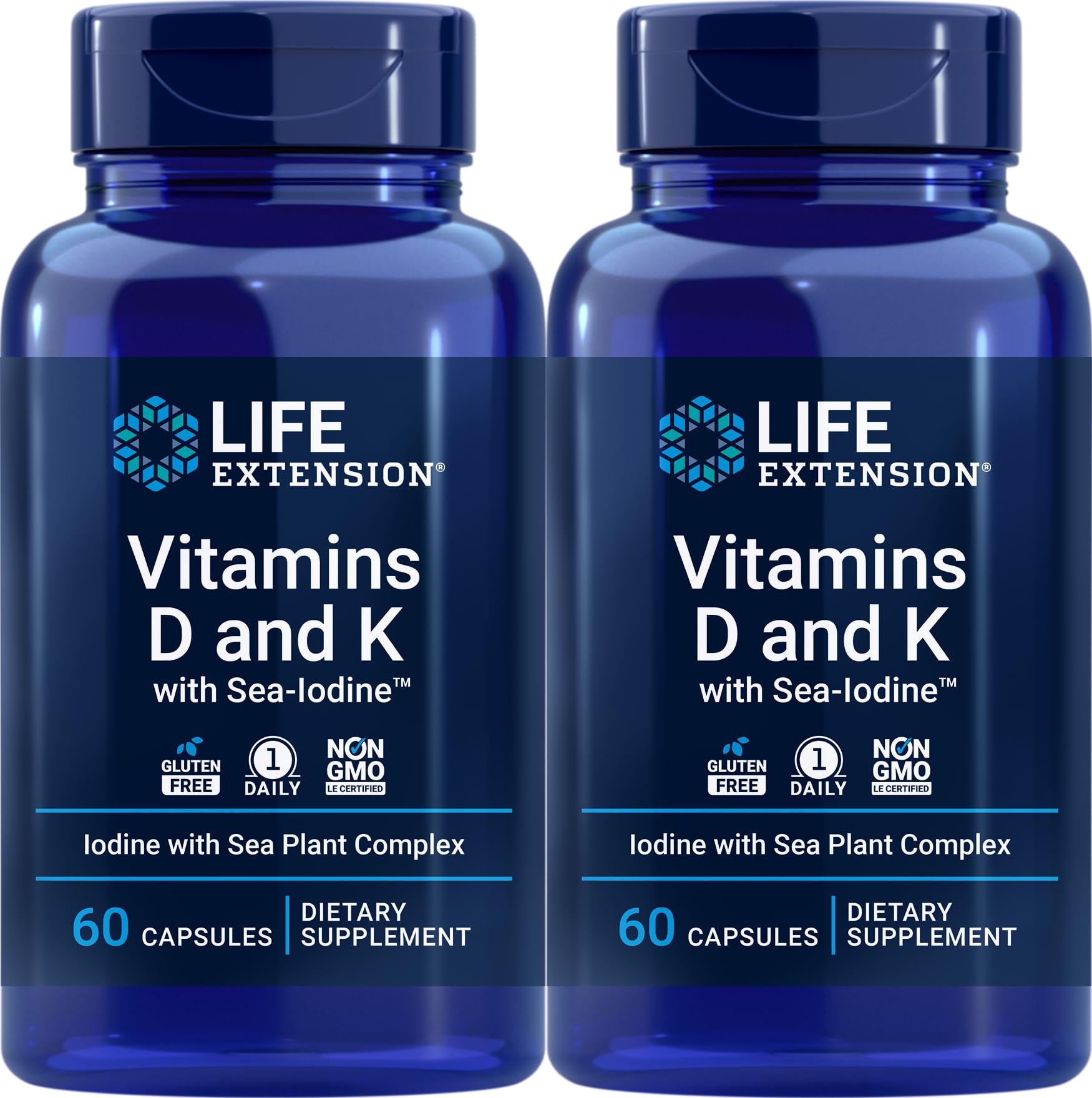 Life Extension vitamines D et K avec iode marine, flacon, soutien potentiel à la santé osseuse.