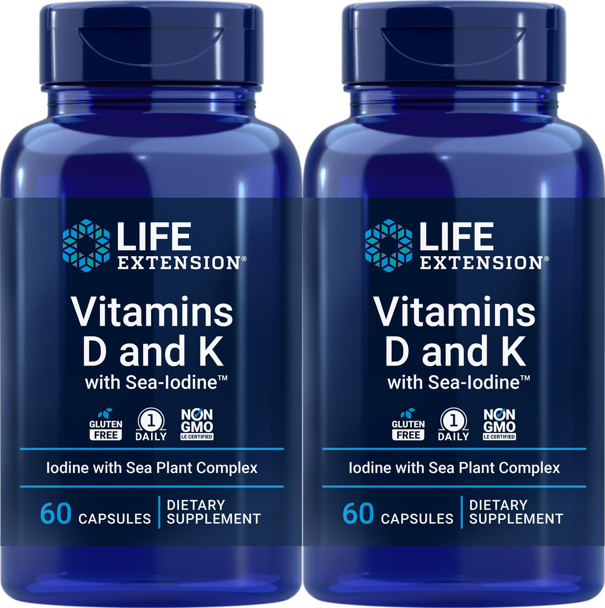 Life Extension vitamines D et K avec iode marine, flacon, soutien potentiel à la santé osseuse.