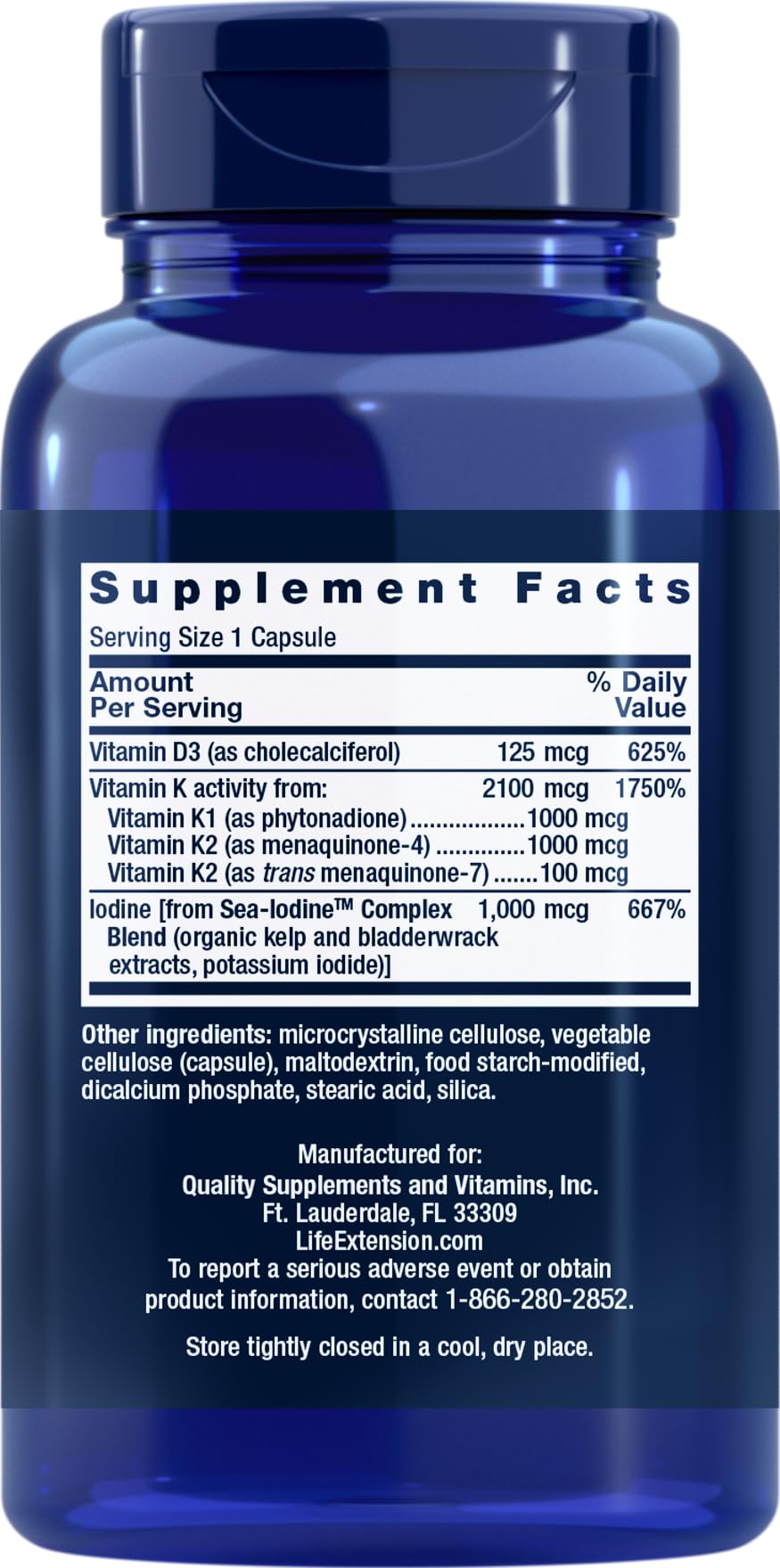 Life Extension vitamines D et K avec iode marine, étiquette, usage quotidien favorisant la vitalité cérébrale.