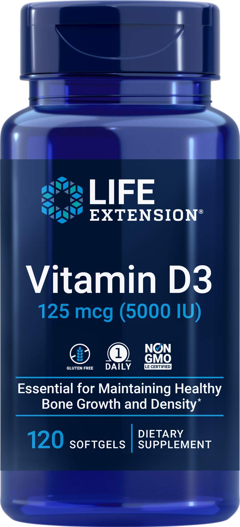 Life Extension D3 5000 UI – flacon et étiquette pour soutien osseux.
