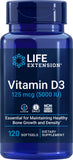 Life Extension D3 5000 UI – flacon et étiquette pour soutien osseux.
