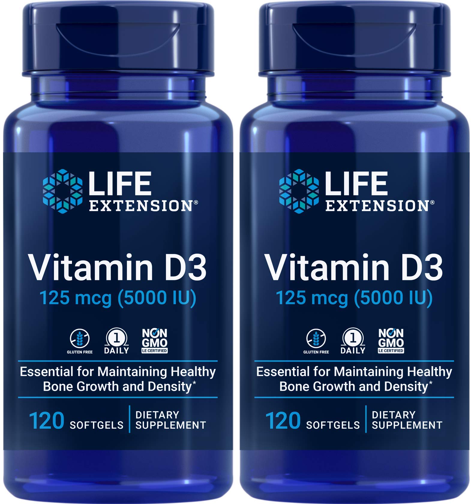 Flacon Life Extension Vitamine D3 5000 UI pour le soutien quotidien.