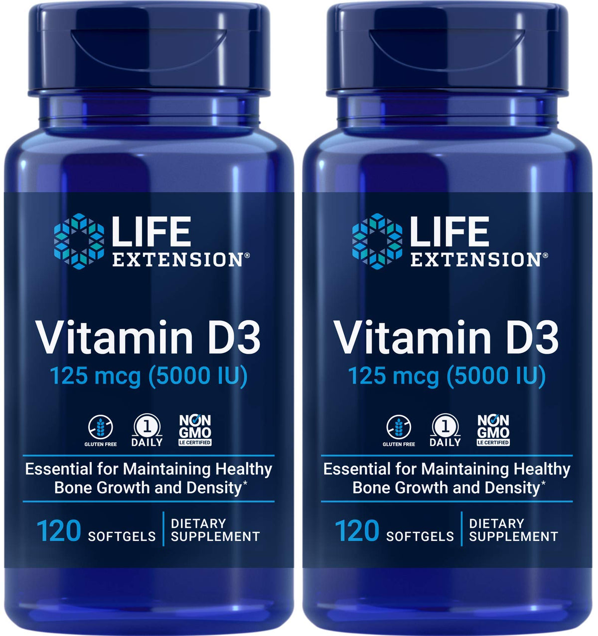 Flacon Life Extension Vitamine D3 5000 UI pour le soutien quotidien.