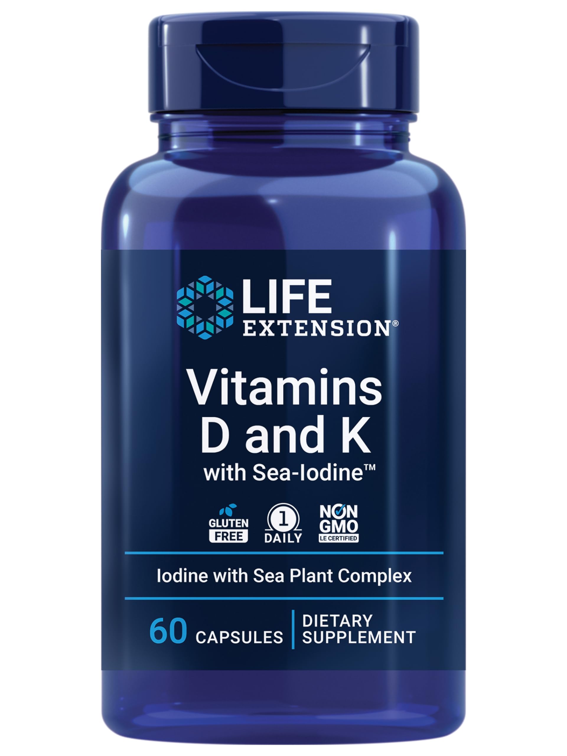Life Extension D et K SeaIodine – Bouteille indiquant soutien osseux et immunitaire potentiel.