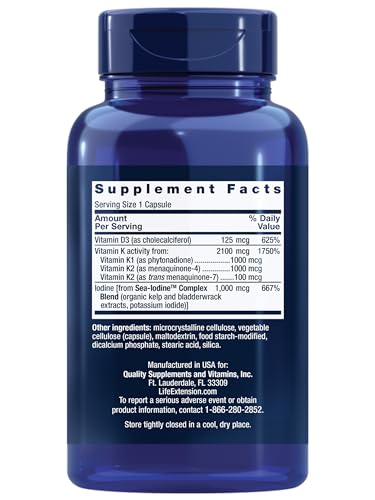 Life Extension D et K SeaIodine – Étiquette détaillant les nutriments pour la santé cardiovasculaire.