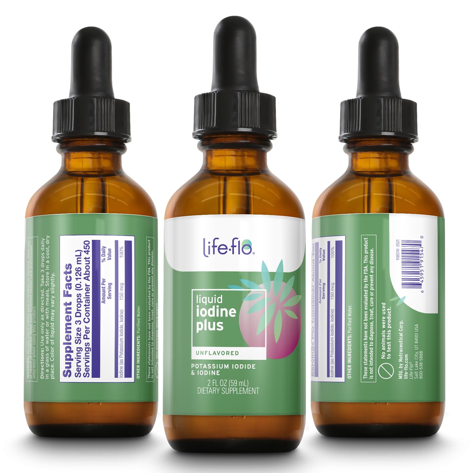 Life-Flo iode liquide, etiquette: informations claires sur contenu et utilisation recommandée.