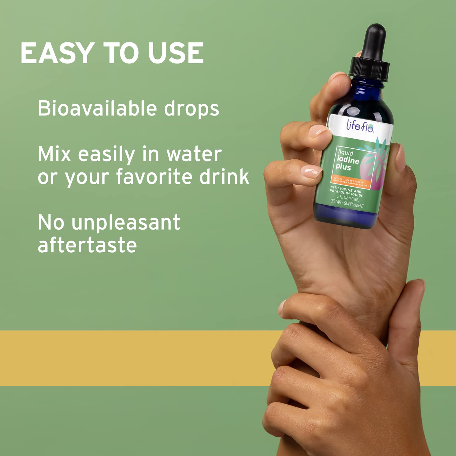 Life-flo Iode liquide Plus – Dose quotidienne pratique avec trois gouttes.