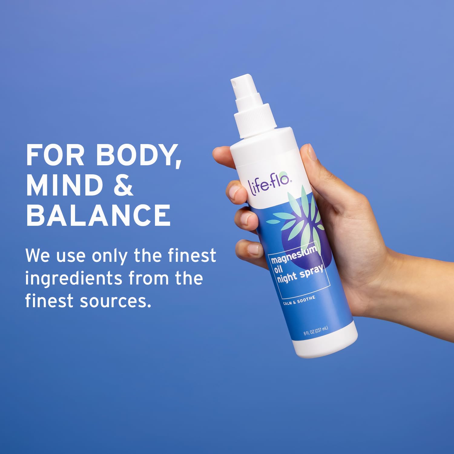 Life-flo Magnesium Oil Night Spray — emballage sans cruauté et traçabilité en laboratoire.