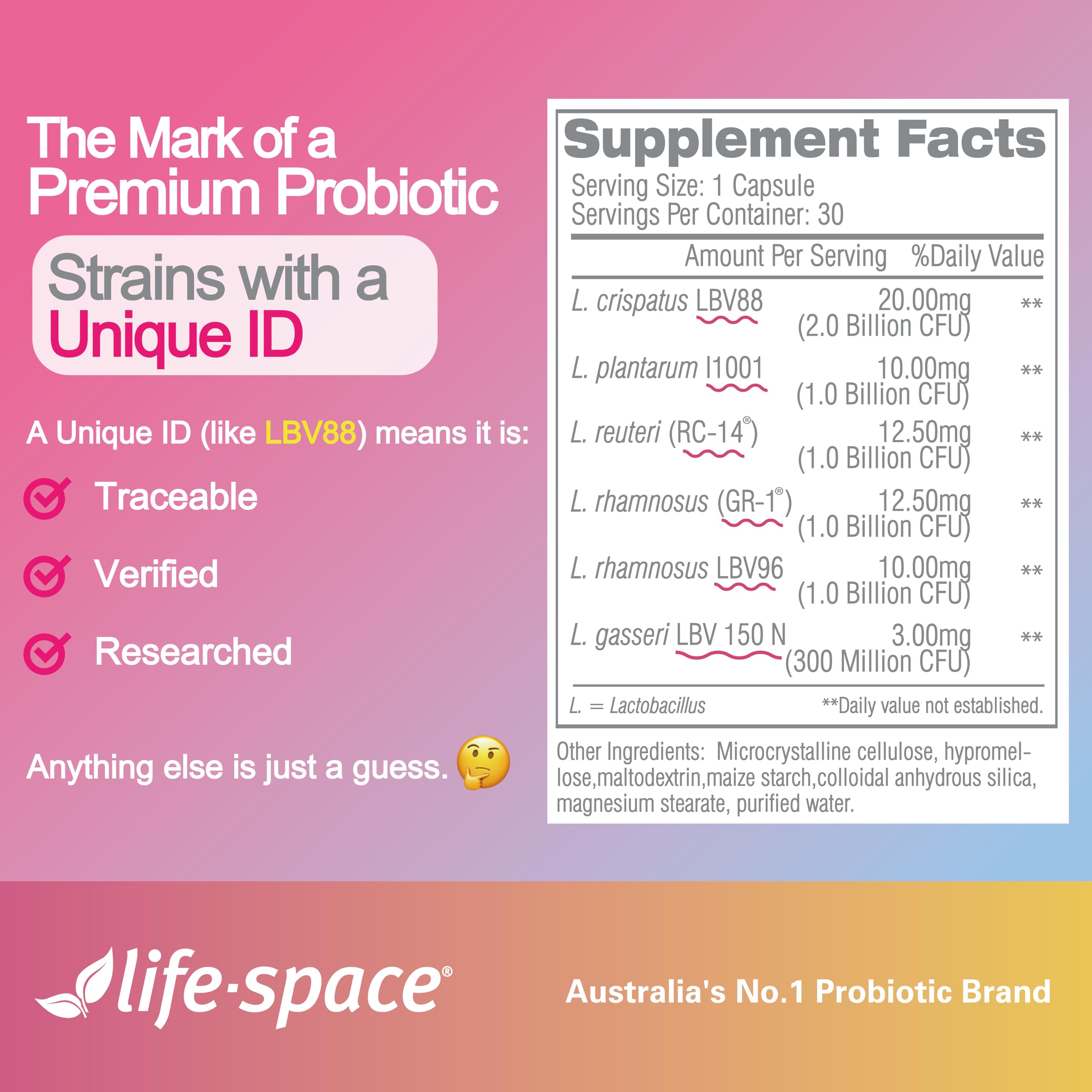 Life-Space Probiotique — résistance à l'acide gastrique et cultures vivantes.