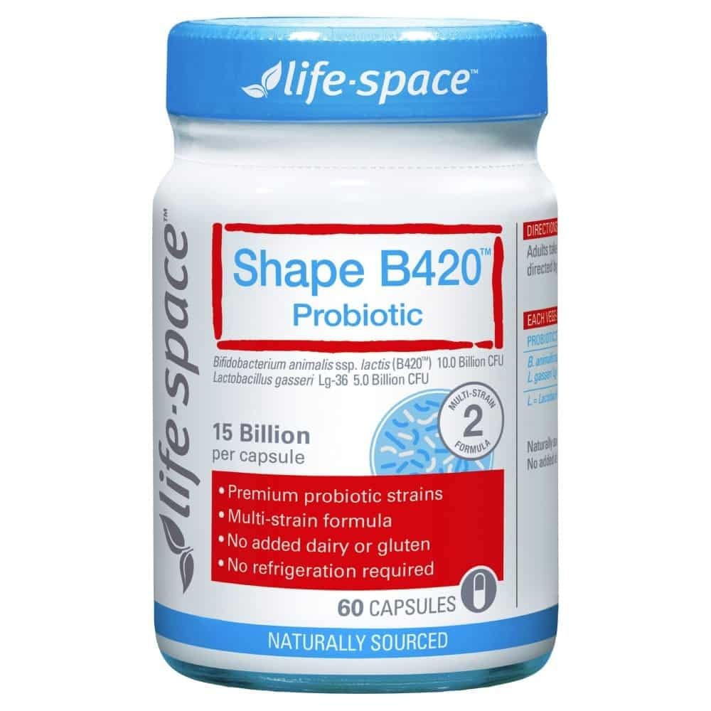 Life Space Shape B420 Probiotique, bouteille, soutien digestion naturelle et équilibre intestinal.