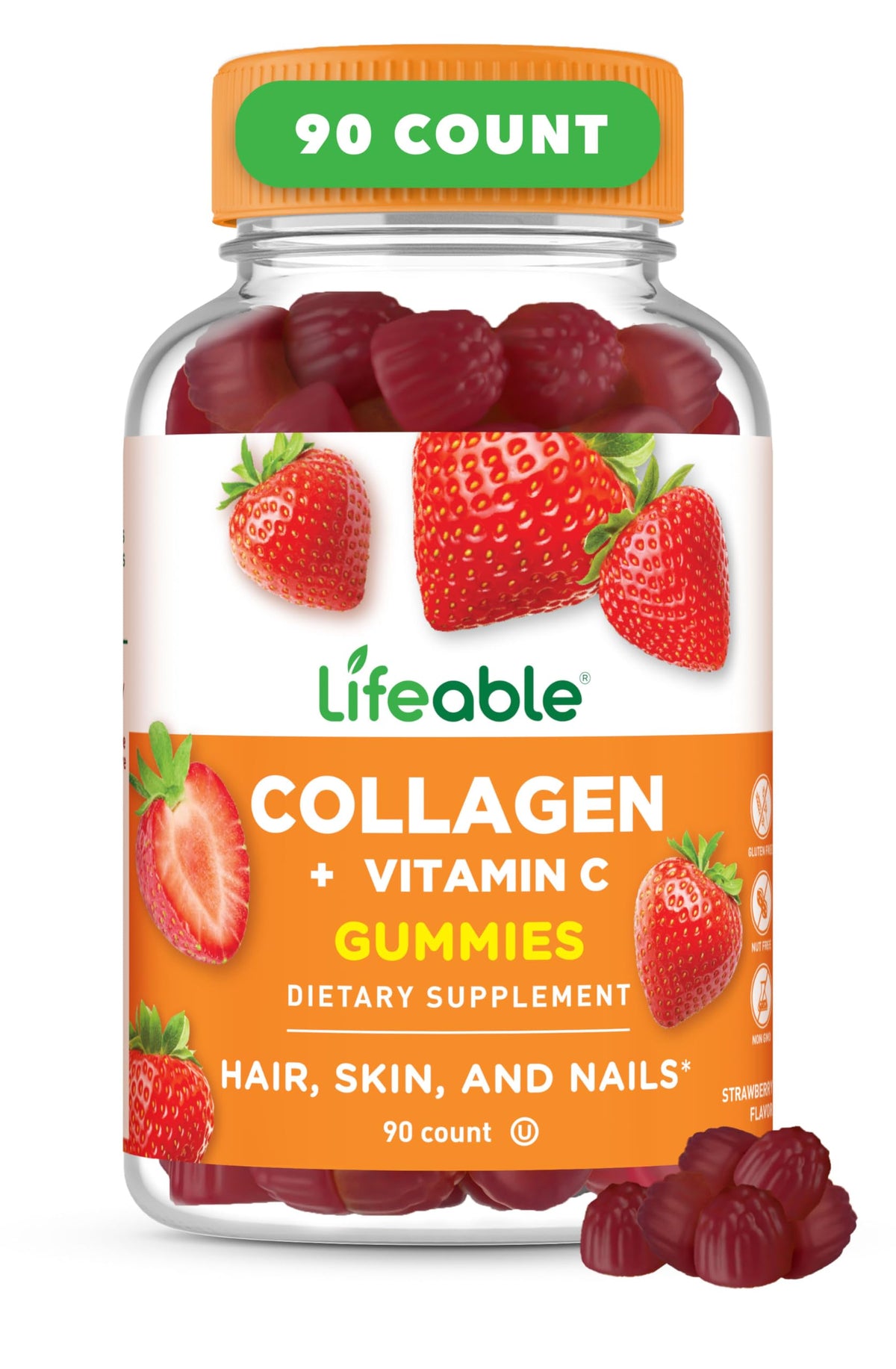 Lifeable gommes collagène en bouteille saveur fraise, soutien potentiel à la peau.