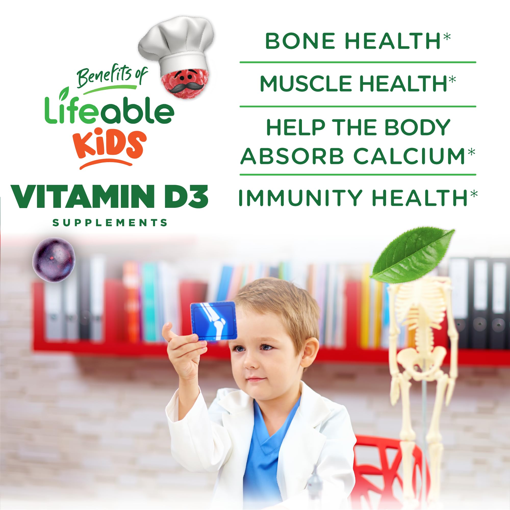 Lifeable D3 1000UI pour enfants, dose quotidienne simple et pratique.