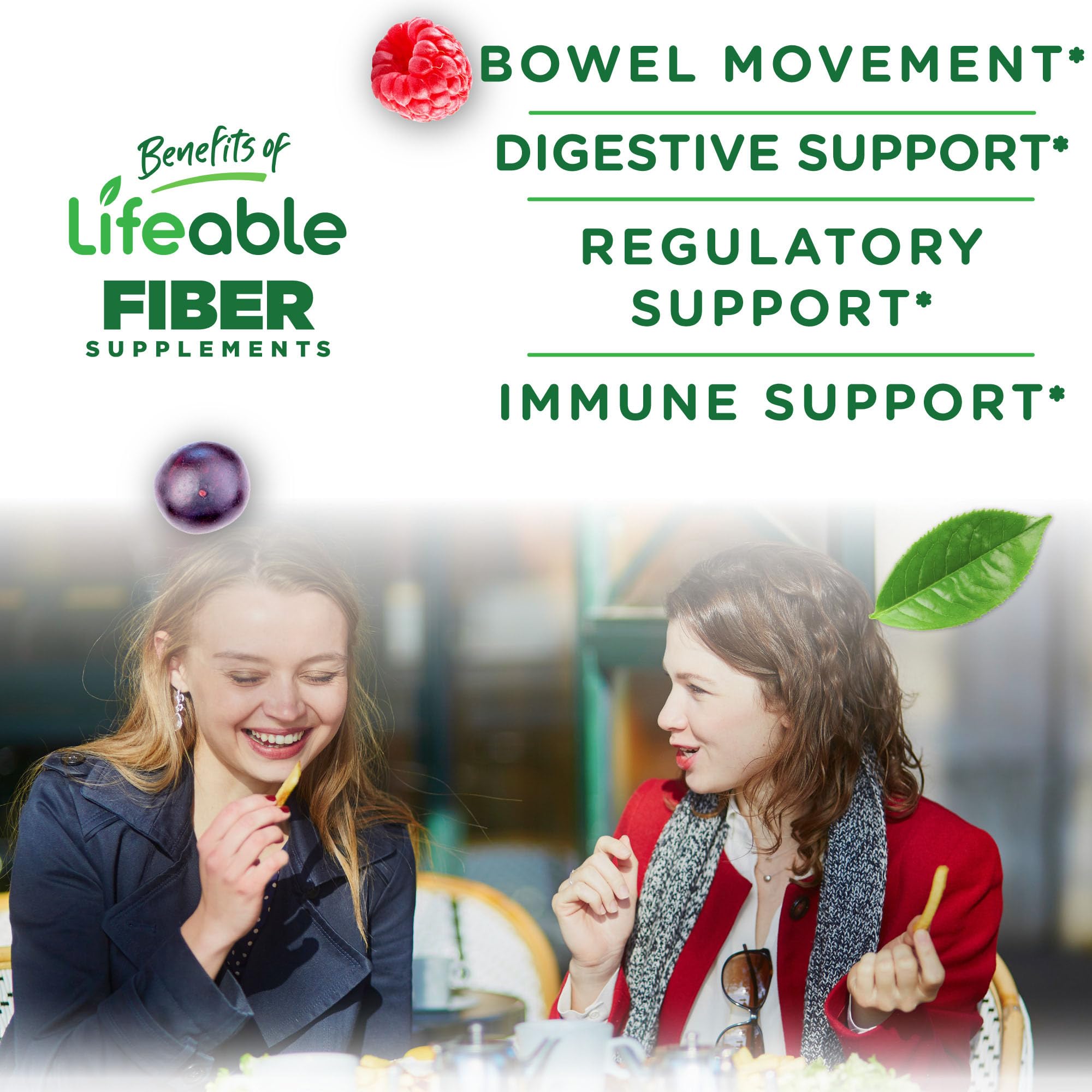 Étiquette Lifeable indique fibre et composition sans gluten ni OGM.