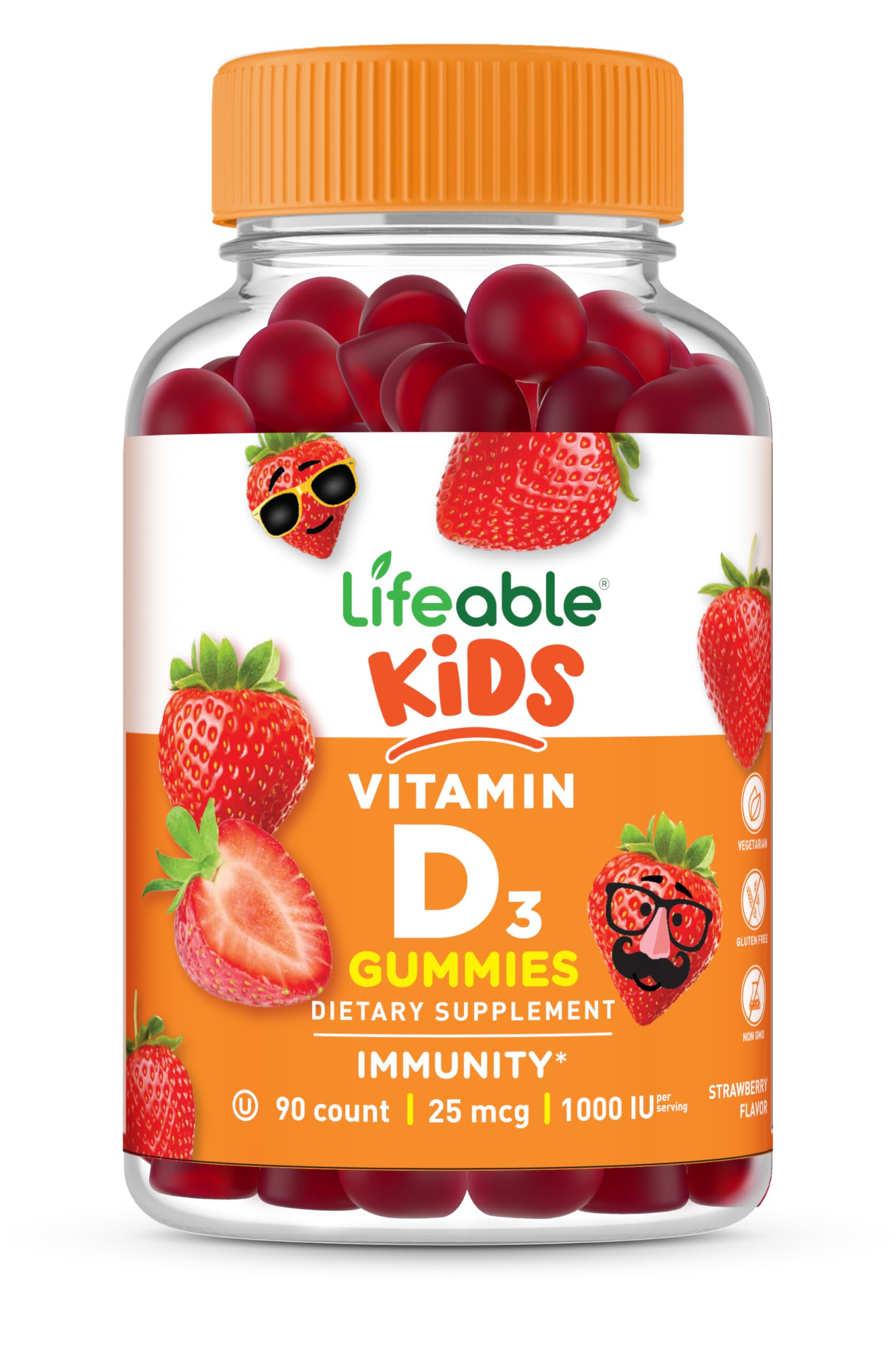 Lifeable D3 pour enfants, gommes en bouteille, soutien potentiel des os et de l’immunité.