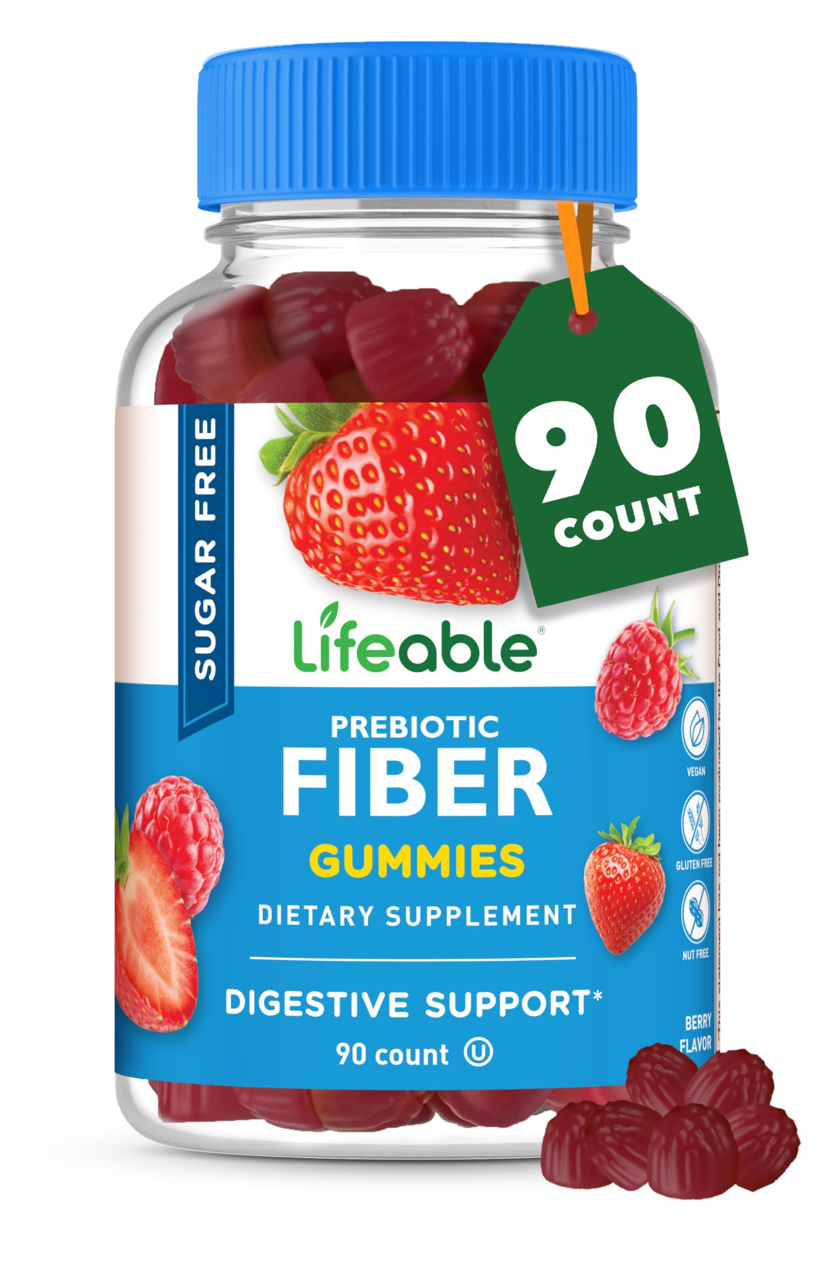 Lifeable gommes fibre sans sucre, bouteille 90 gommes, soutien digestif pratique.