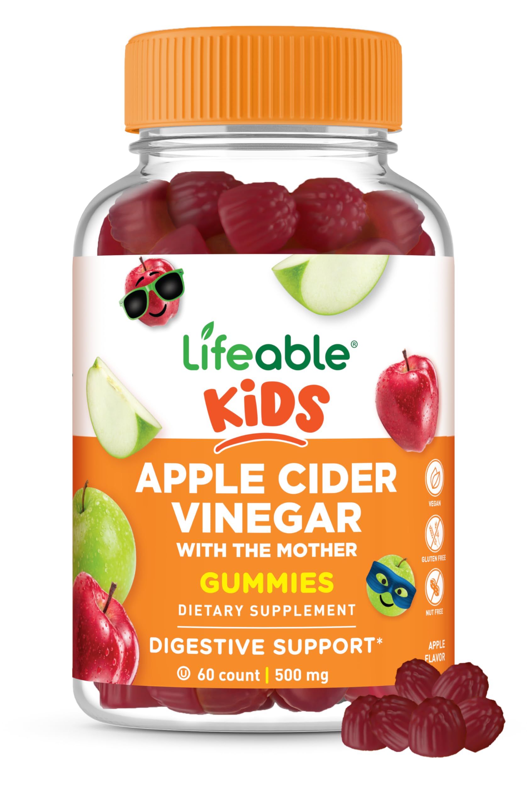 Lifeable gommes vinaigre-pomme enfant, goût pomme, texture agréable pour une routine quotidienne.