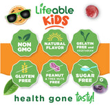Lifeable gommes prébiotiques pour enfants, texture fruitée et naturelle.